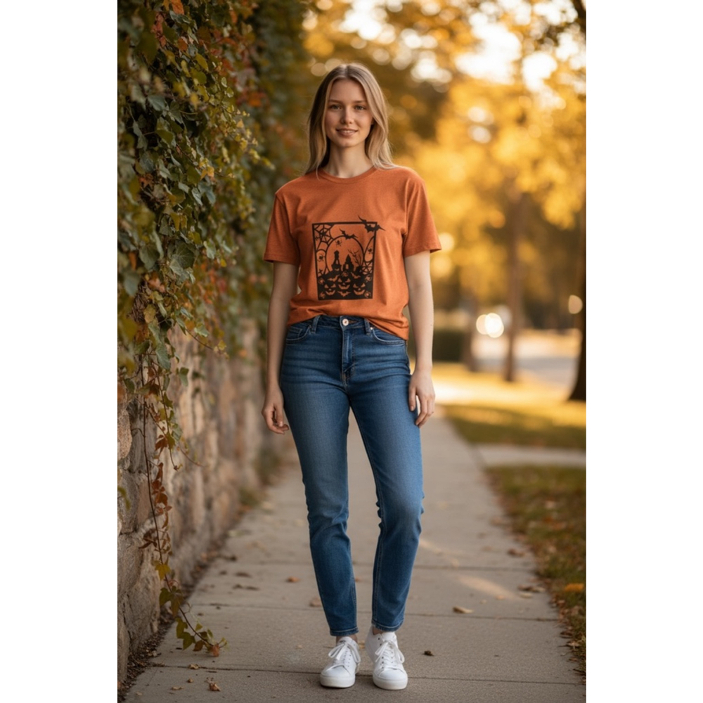 Halloween Graphic Short Sleeve Tee Orange Black S Small NWOT
